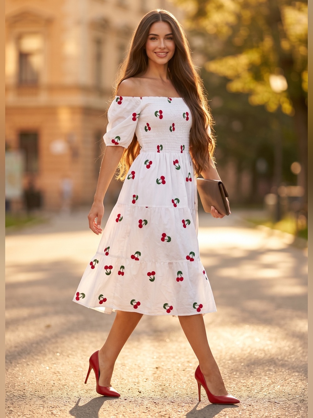White One-Shoulder Cherry Print Midi Dress